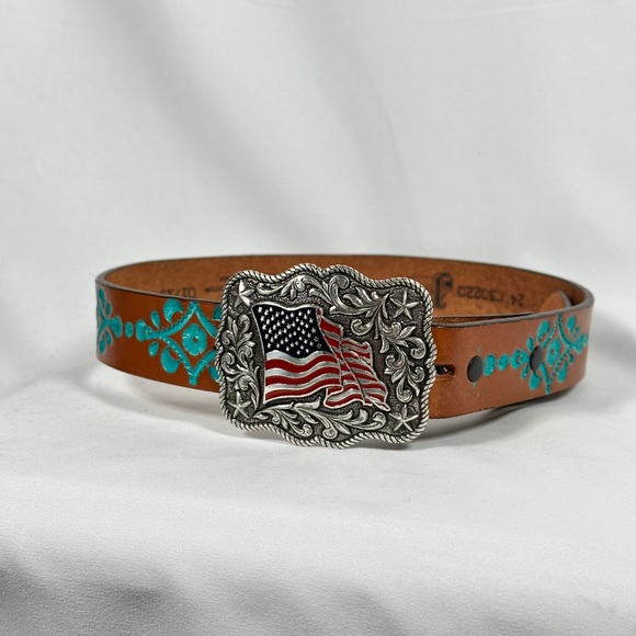 Justin western leather belt turquoise embossed floral with flag buckle size 24 - Picture 2 of 11